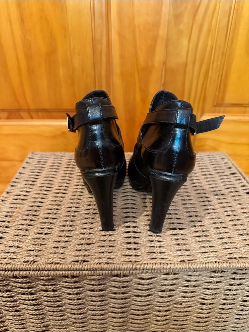 MaxMara Black Leather High-Heel Ankle Booties with Wrap Strap